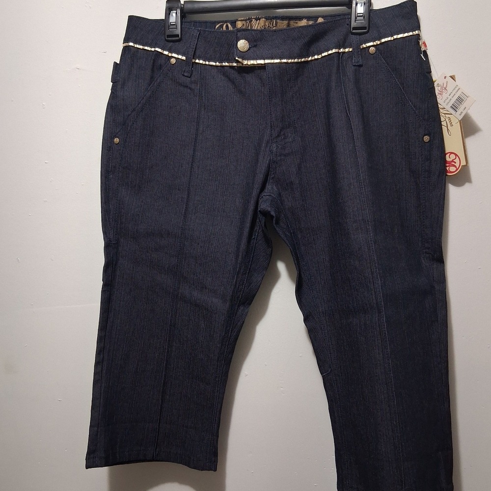 Women's Dark Wash Denim Capri Pants Gold Trim Y2K Cropped Jeans Size 14W